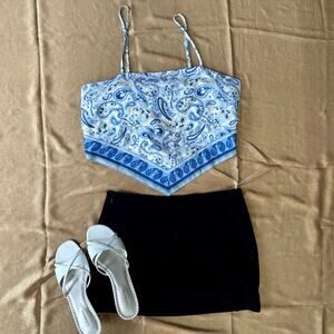Blue Paisley Bandana Hanky Hem Crop Top - Size L